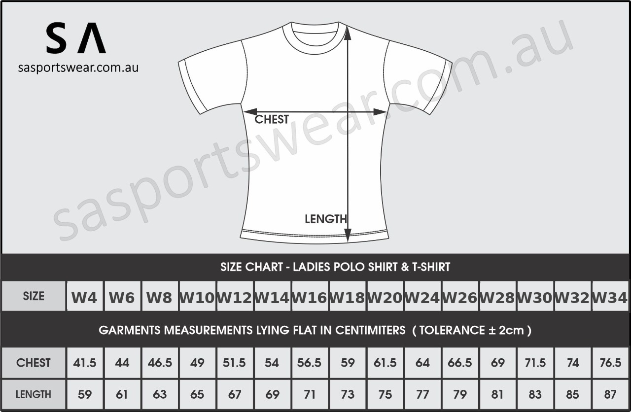 Measurement chart for ladies polo shirt and t-shirt with size chart on a white background